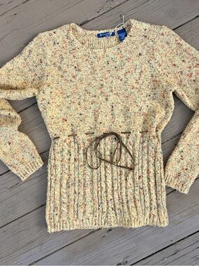 Vintage 2000’s Y2K Architect tan speckled knit sweater with leather tie waist